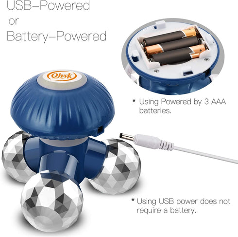 QHYK 3 Handheld Electric Massager, Battery Operated or USB Power, Kneading Massage Heads, Mini Portable Body Vibrating