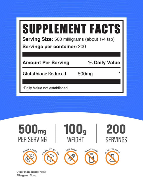 BulkSupplements.com Glutathione Reduced Powder - 500mg per Serving, Gluten Free, 100g (3.5 oz)