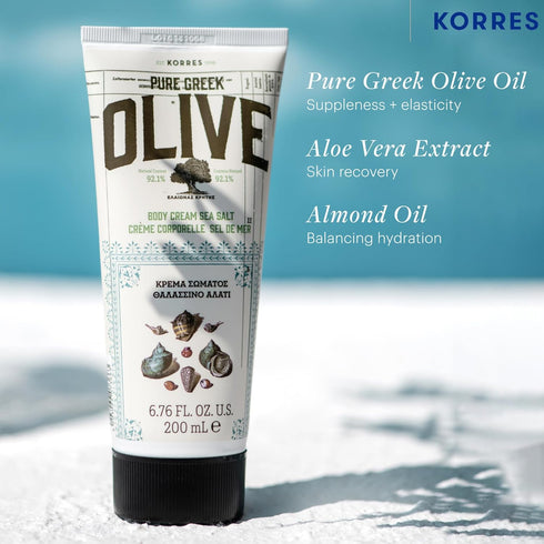 KORRES Olive Body Lotion for Dry Skin, Moisturizer with Vitamin E, Aloe, Greek Olive Oil, Sea Salt Scented, 6.76 fl oz