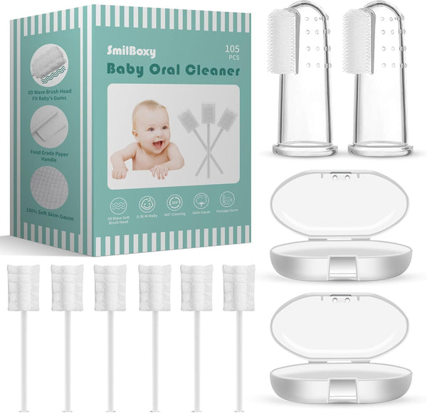 Infant Tongue Cleaner Skim Gauze 105PCS + 2 Finger Cot Baby Toothbrush with Box for Newborn Oral Care