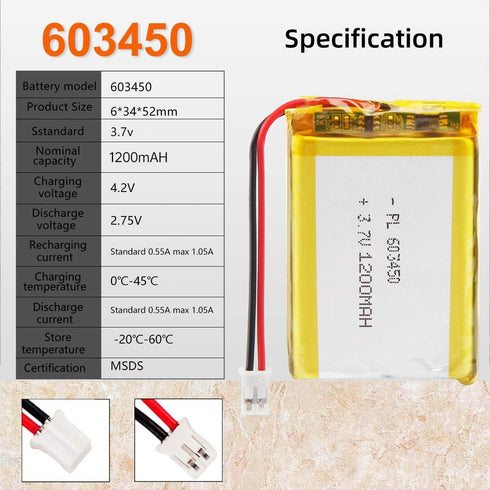 3.7V 1200mAh Battery 603450 Lithium Polymer Ion Rechargeable Li-ion Battery with 2P PH 2.0mm Connector