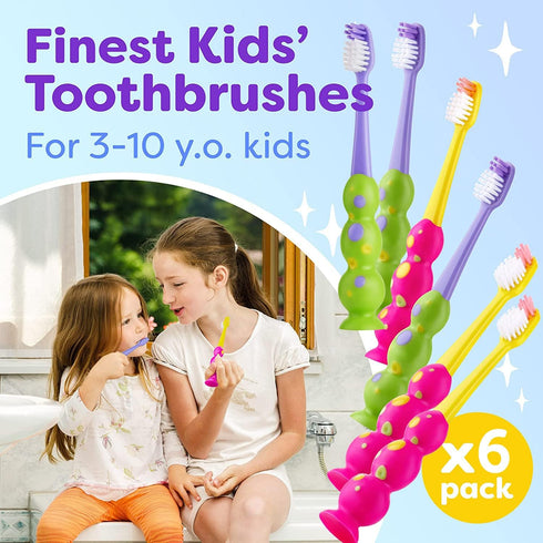 Kids Toothbrush 6 Pack, Soft Contoured Bristles, Child Sized Brush Heads, Suction Cup for Easy Storage (Green & Pink)