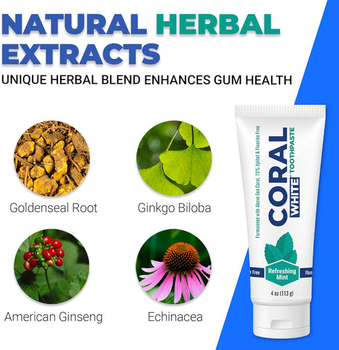 Coral White Mint Toothpaste, Natural Fluoride SLS Free, Coral Calcium Remineralizing, 4 Ounce (3 Pack)