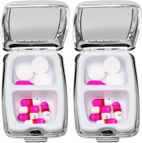 Set 2 of Dual-Compartment Rectangular Pocket Purse Pill Box & Organizer with Insert (Retro Squares)