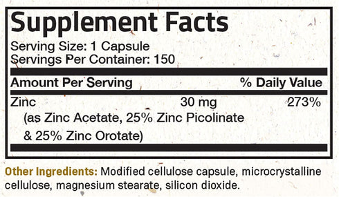 Futurebiotics Zinc Supplement 30mg Triple Action Blend - 150 Vegetarian Capsules for Immune & Skin Health