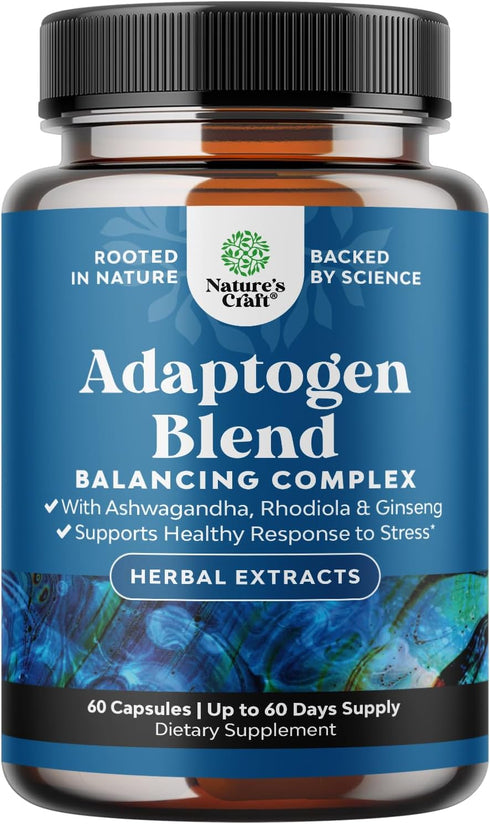 Herbal Adaptogen Mood Support Supplement with Ashwagandha, Rhodiola Rosea, Maca Root, 60ct