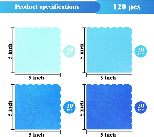 120PCS Dusty Blue Cocktail Party Napkins, Gradient Blue Scalloped Beverage Dessert Paper Napkins for Events