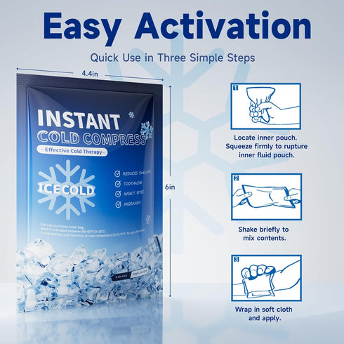 Packs, 25 Pack 4.4" 6"Disposable Packs Instant Ice Cold x Ice for Injuries, Pain Relief, No Freeze Needed Cold Compress