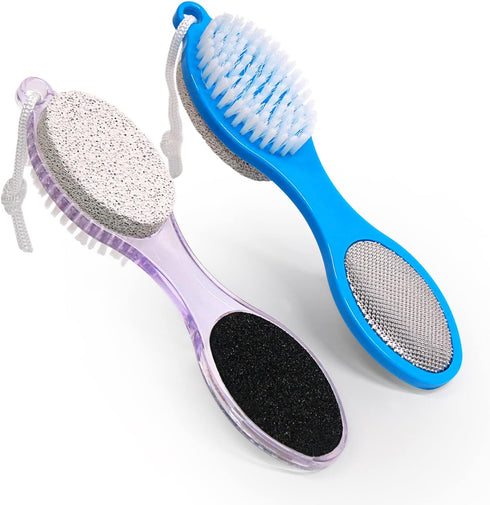 Pumice Stone Brush for Feet, 2 Pack Foot Scrubber 4 in 1 Pedicure Paddle Kit for Foot Care (Lilac and Blue)