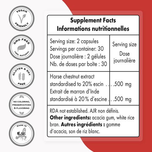 Supersmart Horse Chestnut Extract, 500mg per Day, 20% Aescin Supplement, Non-GMO & Gluten Free, 60 Vegetarian Capsules