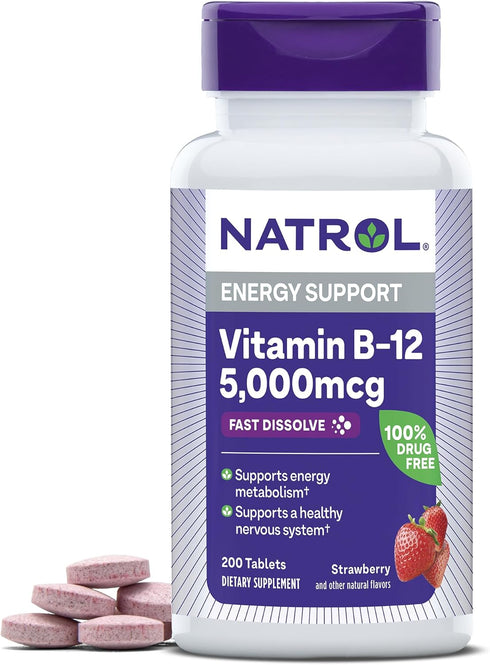 Natrol Vitamin B12 5,000 mcg Fast Dissolve Supplement for Healthy Nervous System and Energy Metabolism, 200 Tablets