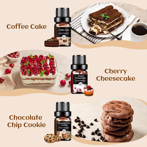 Bakery Essential Oils Set - Fragrance Oil for Home Diffusers, Candle Making - Pumpkin Pie, Coffee Cake, 6x10ML