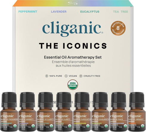 Cliganic Organic Aromatherapy Essential Oils Gift Set (Top 8 - The Iconics),