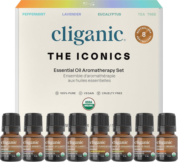 Cliganic Organic Aromatherapy Essential Oils Gift Set (Top 8 - The Iconics),