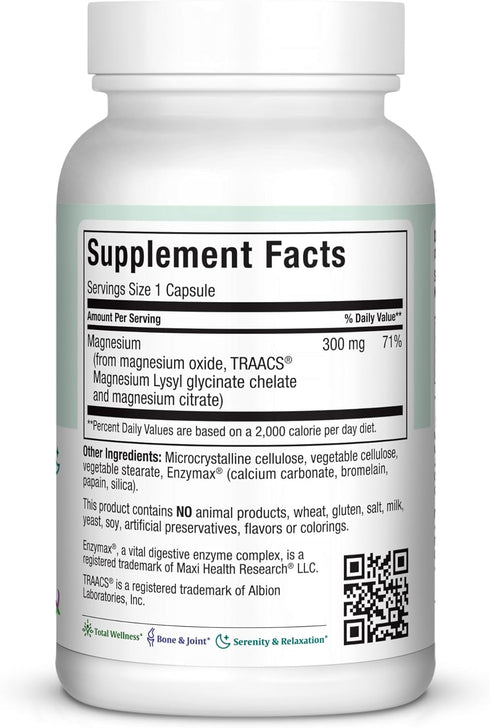 Maxi Health Magnesium Capsules - Energy Production, Muscle & Nerve Health, Bone Support, 90 Count