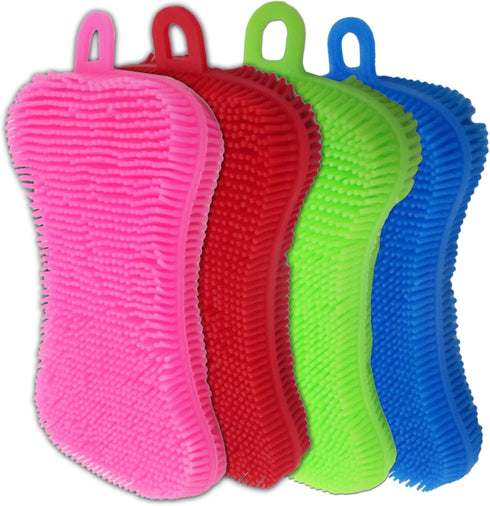 Silicone Dish Sponge - 4 Pack Double Sided Kitchen Scrubber for Dishes, Fruits & Vegetables Cleaning
