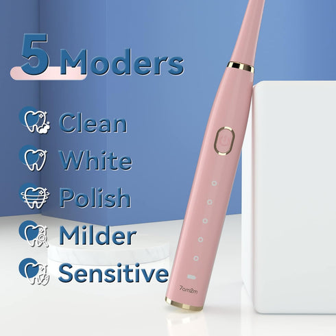 7AM2M Sonic Electric Toothbrush for Adults and Kids, High Power Rechargeable with 8 Brush Heads, 5 Modes, Pink