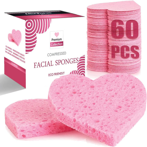 60-Count Compressed Facial Sponges, 100% Natural Cosmetic Spa Sponges for Cleansing, Exfoliating Mask (Pink Heart)
