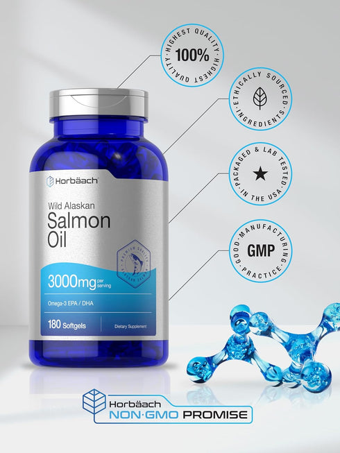 Horbaeach Wild Alaskan Salmon Fish Oil, 180 Softgel Capsules, Gluten Free, High Potency Omega-3 EPA and DHA