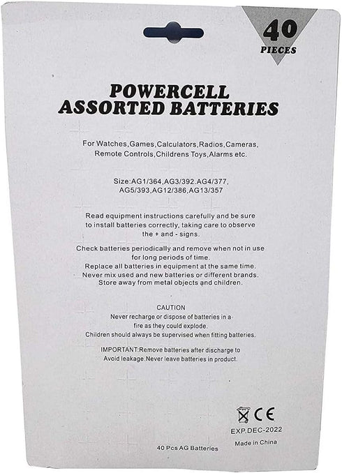 Cotchear 40pcs Alkaline Cell Batteries Assorted, 1.5 Volt AG1/LR621, AG3/LR41, AG4/LR626, AG5/LR754, AG12/LR43,