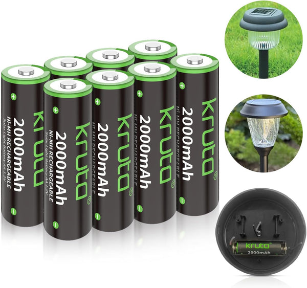 Kruta Ni-MH AA Rechargeable Batteries 2000mAh, 12 Pack Pre-Charged for Outdoor Solar Lights