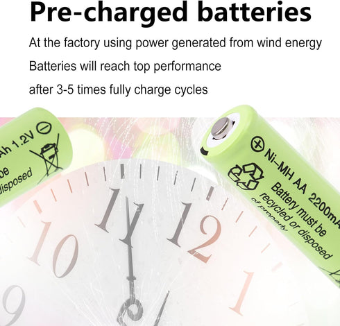 AA Batteries 2200mAh High Capacity Precharged NI-MH, 1.2V Double A Long Lasting for Toys, Remote Controls