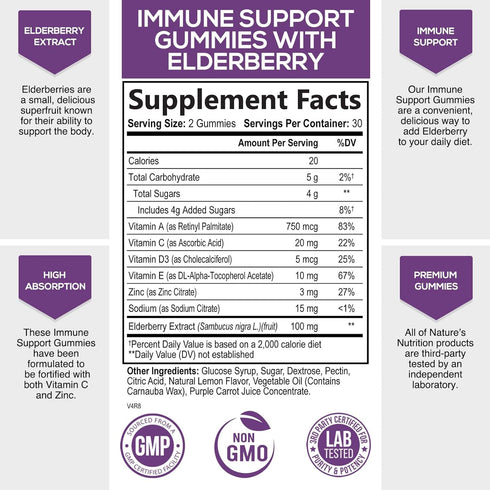 Immune Support Gummies - Powerful Sambucus Elderberry Gummies with Elderberry Extract, Zinc & Vitamin C Gummy, Max Potency Natural Vegan Immune Support Supplement for Adults & Children - 60 Gummies