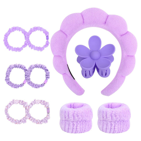 YISSION Purple Spa Headband & Wristband Set, Skincare Headband & Wrist Bands for Washing Face, Makeup Hair Scrunchies