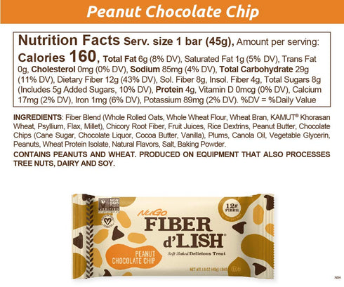 NuGo Fiber d'Lish Peanut Chocolate Chip, 12g High Fiber, Vegan, 160 Calories, 16 Count