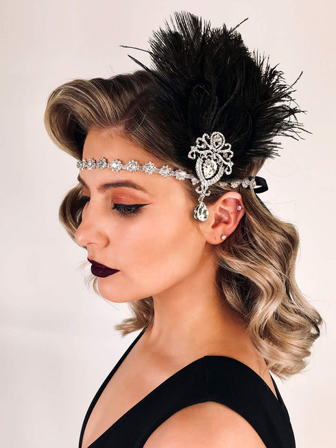 SWEETV 1920s Black Feather Headpiece, Women's Ostrich Feather Crystal Headband for Great Gatsby Hair Accessories