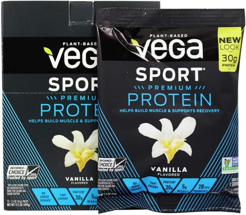 Vega Sport Premium Vegan Protein Powder, Vanilla - 30g Plant Based Protein, 5g BCAAs, Low Carb, 12 x 1.6 oz Sachets