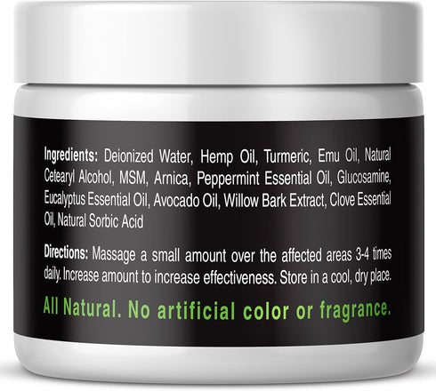 Hemp Cream Maximum Strength - Soothes Muscles, Joints, Feet, Nerve, Back, Knee, Hip with Arnica, MSM, Emu, Turmeric