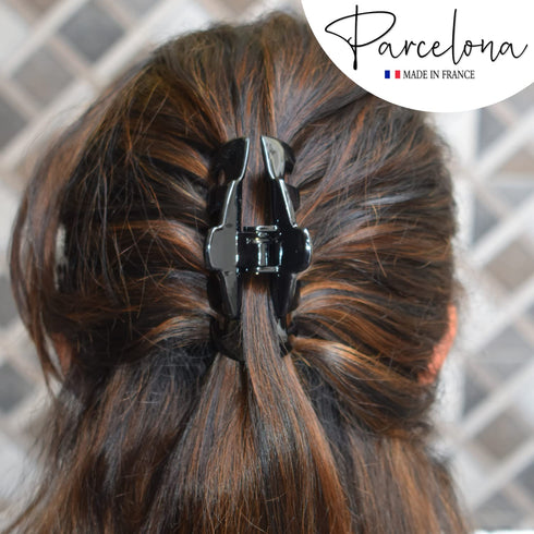 Parcelona French Tubular Black 3" Hair Claw Clip, Celluloid Covered Spring No Slip Grip for Women