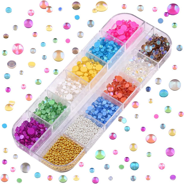 Mix Color Size 2400pcs Mermaid Rhinestones Flat Back Glass Iridescent Nail Stone Gems with 2000pcs Caviar Beads
