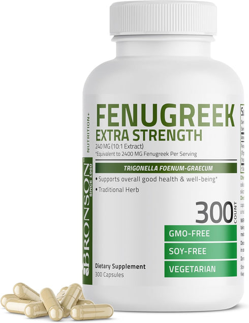 Bronson Fenugreek Seed Powder Capsules Extra Strength, Non-GMO, Vegetarian, 300 Capsules