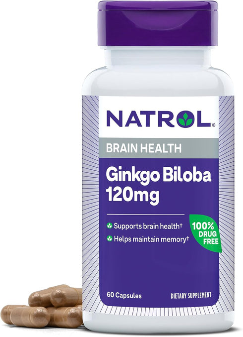 Natrol Brain Health Ginkgo Biloba 120mg, 60 Capsules, Dietary Supplement for Brain Health and Memory Support