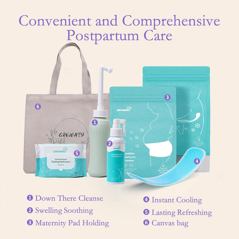 Grownsy Postpartum Essentials Recovery Kit for Labor & Delivery, Includes Peri Bottle, Perineal Spray, Ice Packs