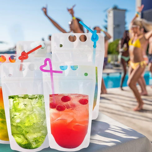 Ozera 100 16 Oz 100 Pcs Drink Pouches, Reusable Juice Pouches for Adults, Heavy Duty Plastic Smoothie Bags With Straws