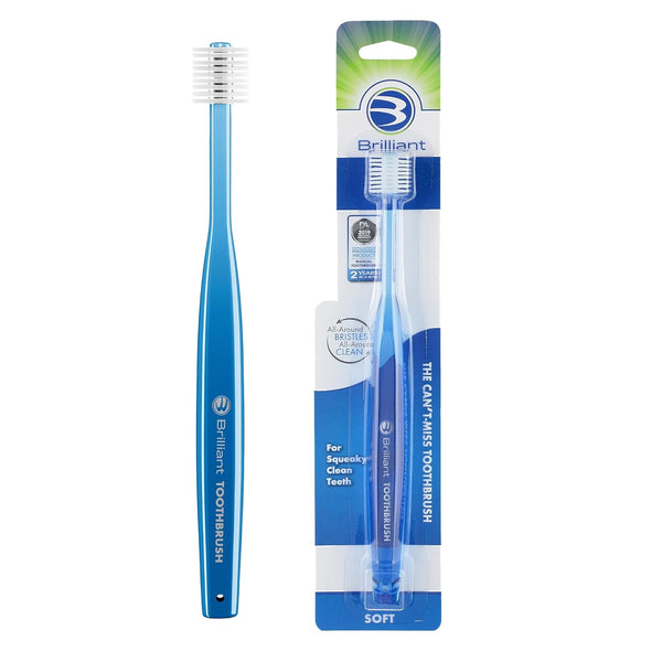 Brilliant Oral Care Adult Toothbrush with Soft Bristles, Round Head, Blue, 1 Pack