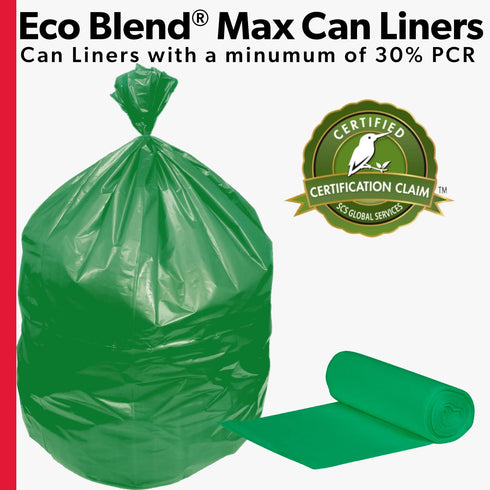 Eco-Blend Max Can Liner, 60 Gallon, by Heritage Bag Co., 100 Pack, 38"x58", 0.8mil Green Tint, Made with 30% PCR
