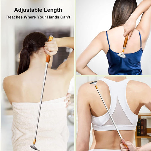 Back Scratcher, Metal Telescopic Back Scratcher with Wooden Handle, Steel Roller Ball, Portable Face Head Scalp
