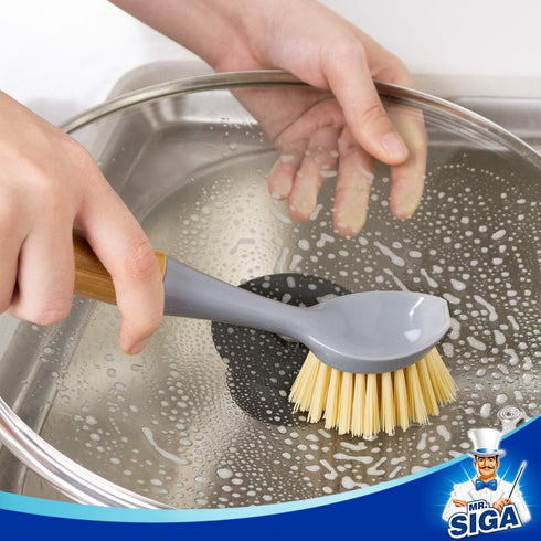 Pack 2 MR.SIGA Dish Brush with Bamboo Handle Built-in Scraper, Scrub Brush for Pans, Pots, Kitchen Sink Cleaning