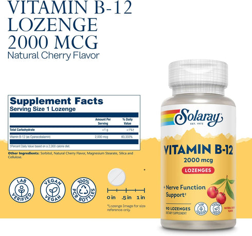 SOLARAY Vitamin B-12 2000 mcg No Sugar, Natural Cherry Flavor Healthy Energy & Red Blood Cell Support 90 Lozenges