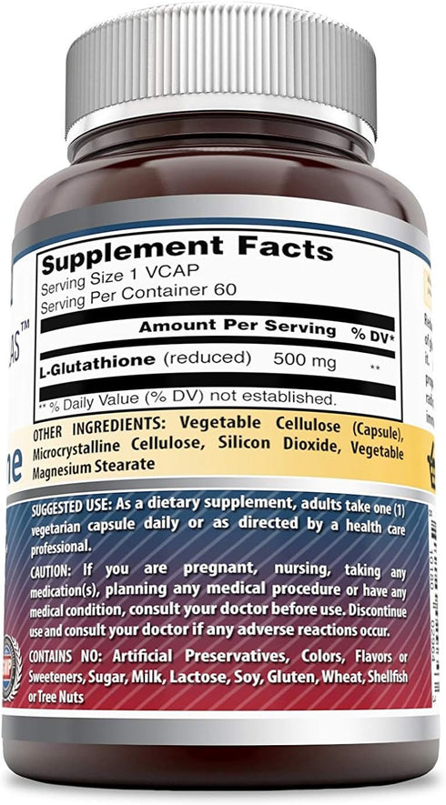 Amazing Formulas Reduced L-Glutathione Supplement, 500 Mg Per Serving, 60 Veggie Capsules, Non-GMO