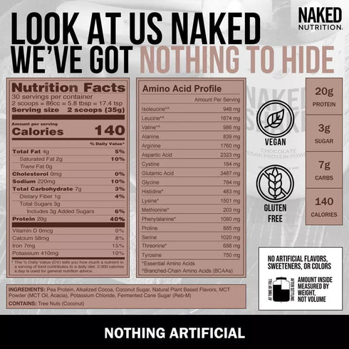Naked Shake - Chocolate Plant Based Protein Powder with MCT Oil, Gluten-Free, 30 Servings