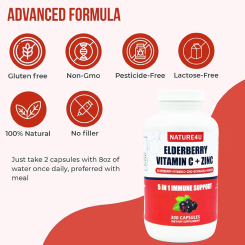 5 in 1 Elderberry Immune Support Supplement - Daily Boosters for Adults, 1000 mg Elderberry, Vitamin C, Zinc,