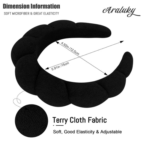Women Spa Headband for Washing Face Makeup Headband Puffy Sponge Headbands Skincare Headbands for Women Girls Terry Cloth Headband for Skincare Makeup Removal Shower Hair Accessories (Black)