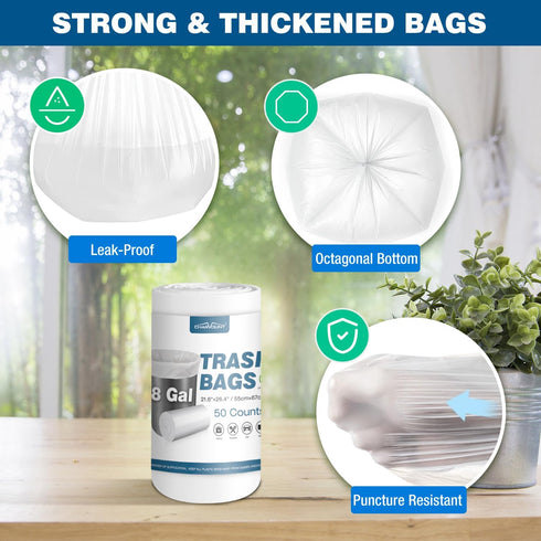 Charmount 8 Gallon Trash Bags, 50 Count, Medium Garbage Bags for Bathroom, Kitchen, Office, Clear