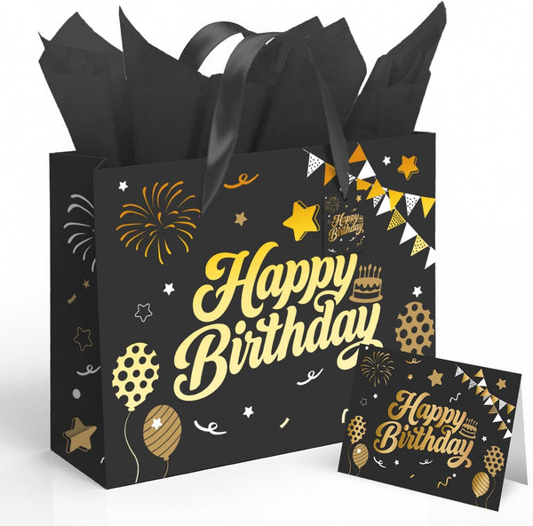 Sipthene 13 Black Birthday Gift Bag with Tissue Paper and Greeting Card, Happy