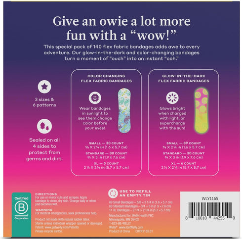 Pack 140 Count Welly Bandage Assorted Playtime Refill | Adhesive Flexible Fabric Bandages | Glow-in-The-Dark & Color